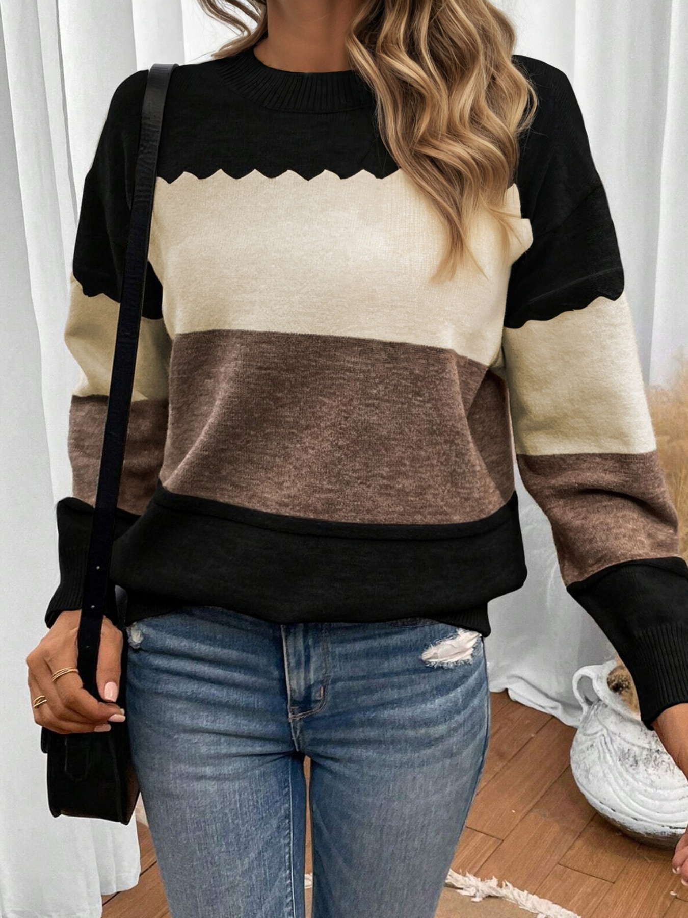 Color Block Crew Neck Drop Shoulder Sweater