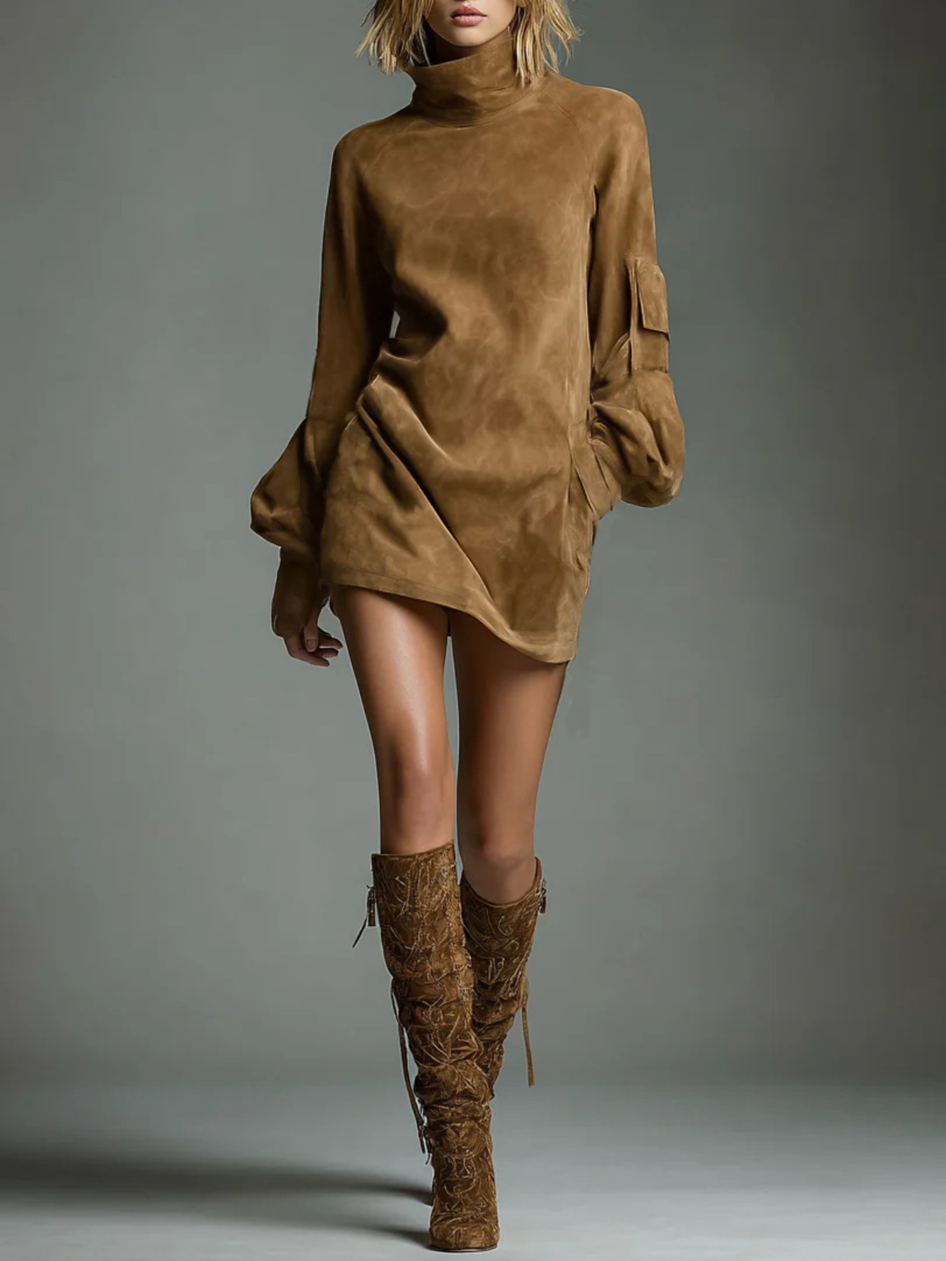Full Size Suede Turtleneck Lantern Sleeve Mini Dress Plus Size