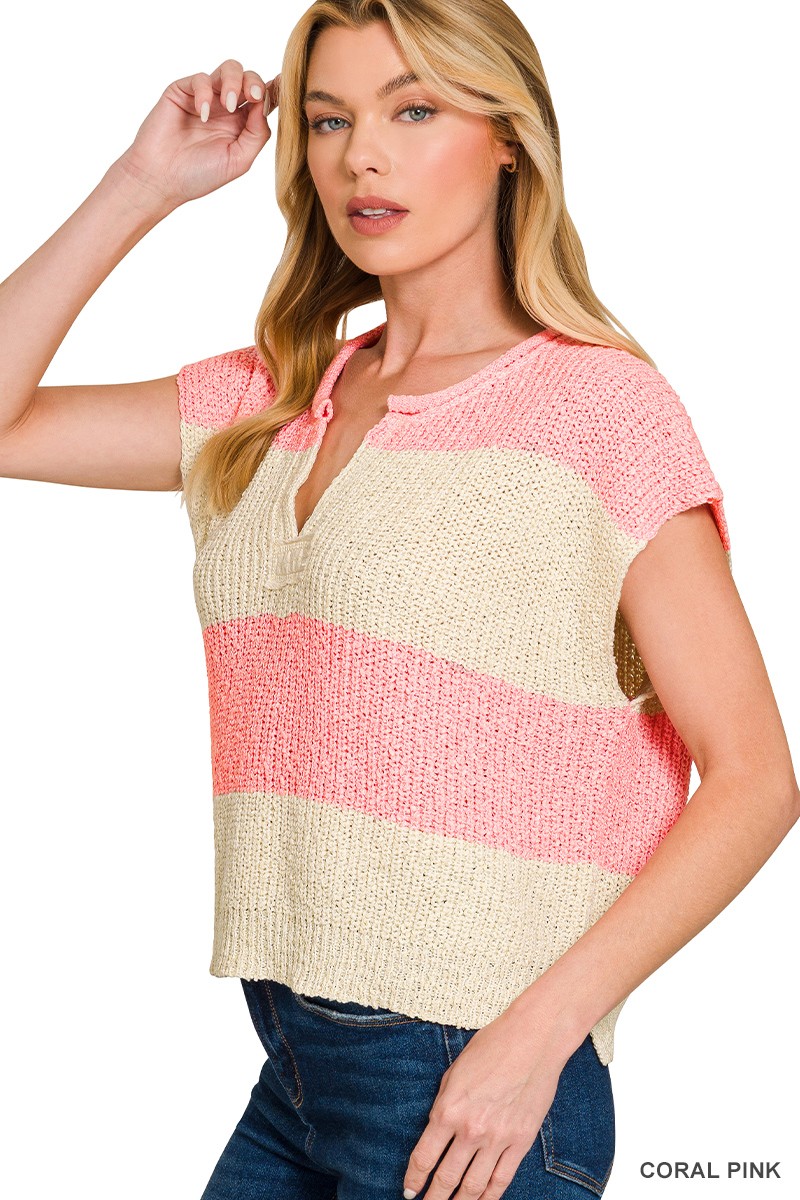 Zenana Split Neck Sleeveless Stripe Sweater