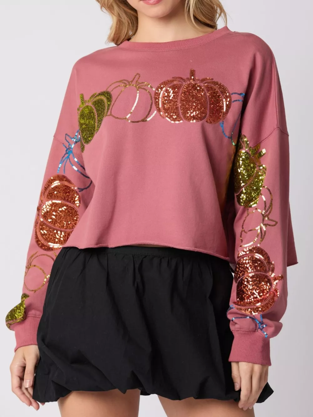 Sequined Pumpkin Halloween Crop Sweatshirt