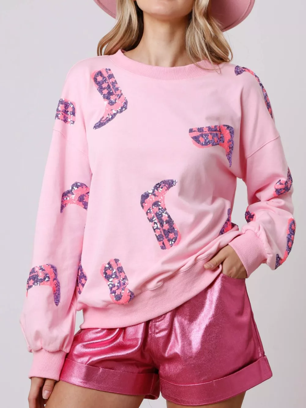 Sequin Boot Crewneck Sweatshirt