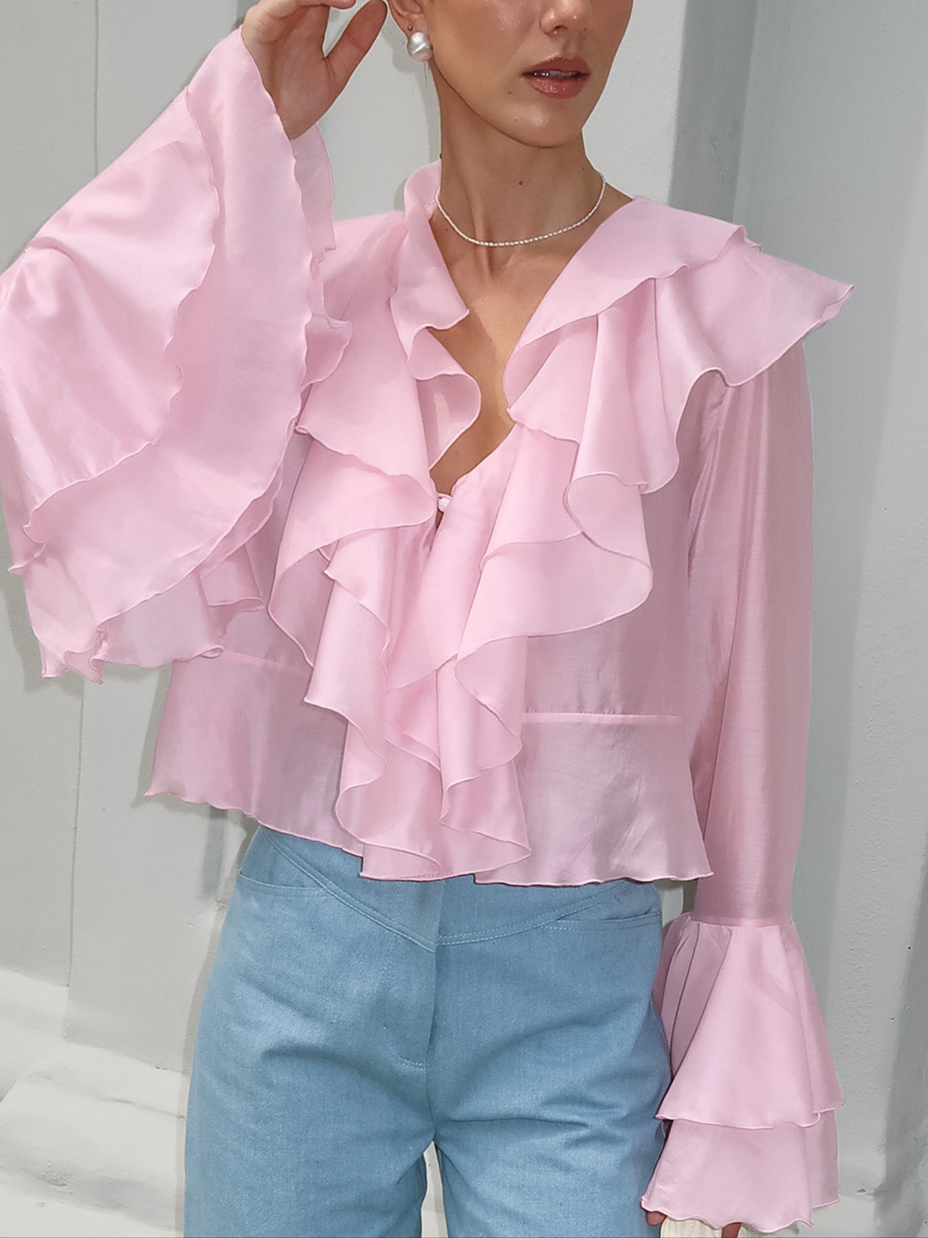 Ruffle Trimmed Long Sleeve Blouse