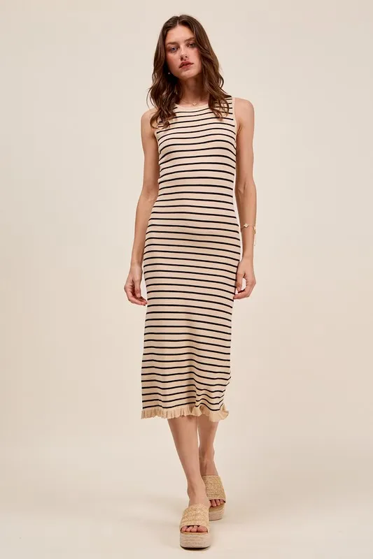 SO ME Stripe Sleeveless Sweater Knit Maxi Dress With Ruffled Hem
