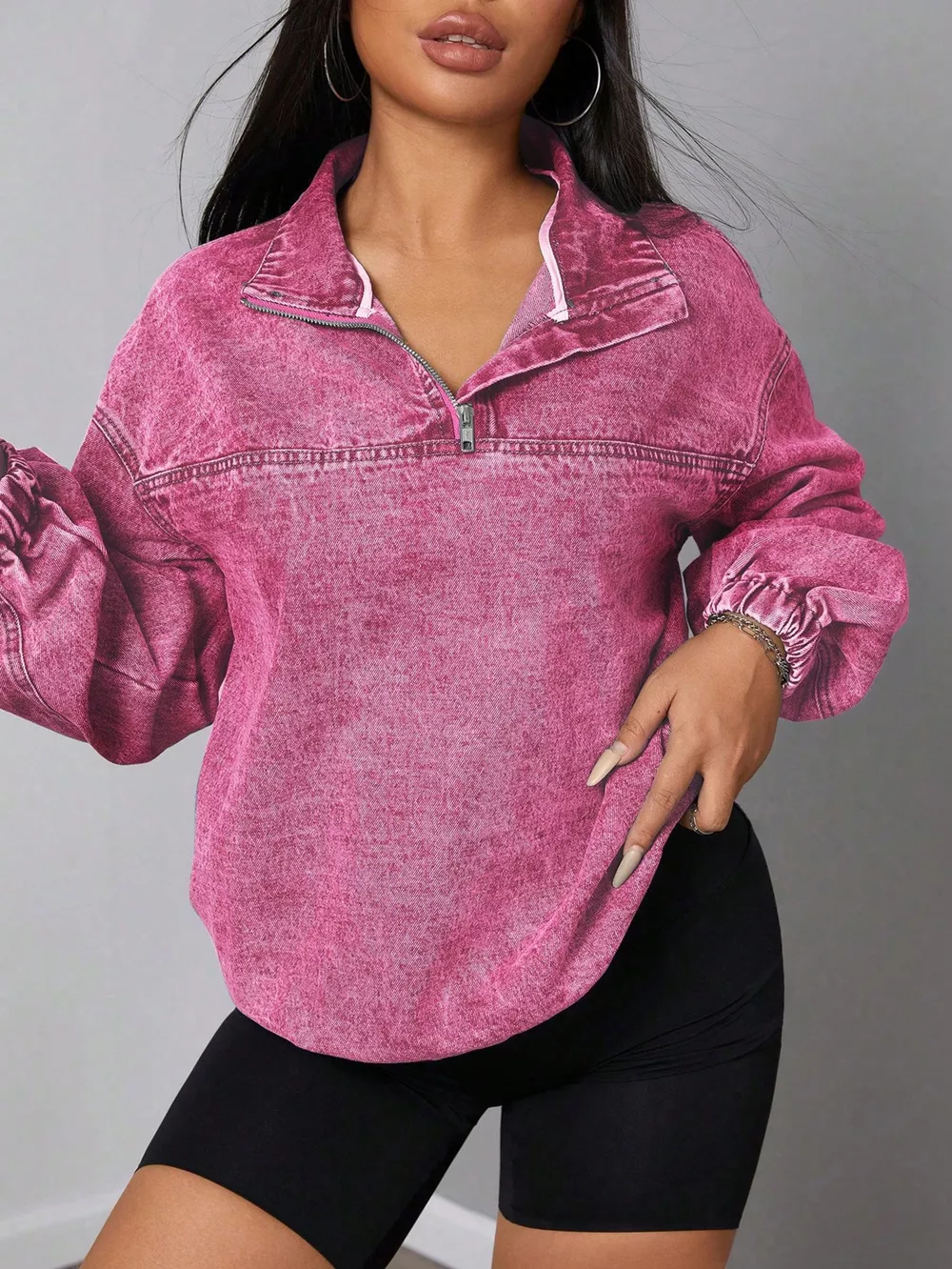 Zip Collar Long Sleeve Denim Top