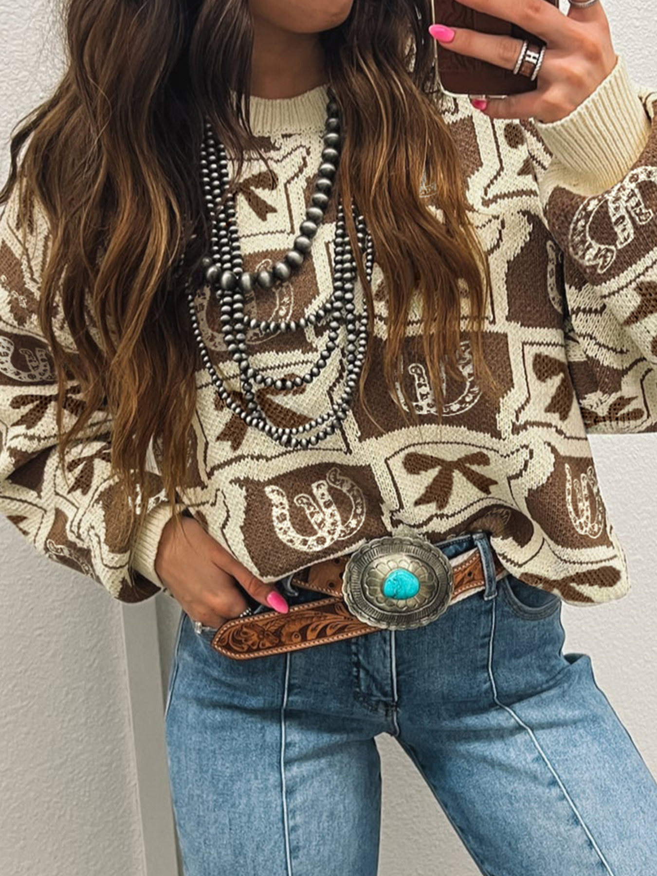 Graphic Round Neck Long Sleeve Sweater