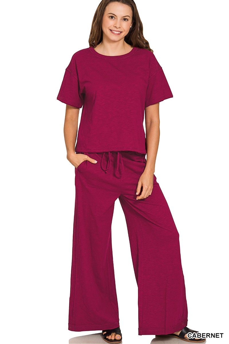 Zenana Cotton Slub Short Sleeve Tee and Pants Set