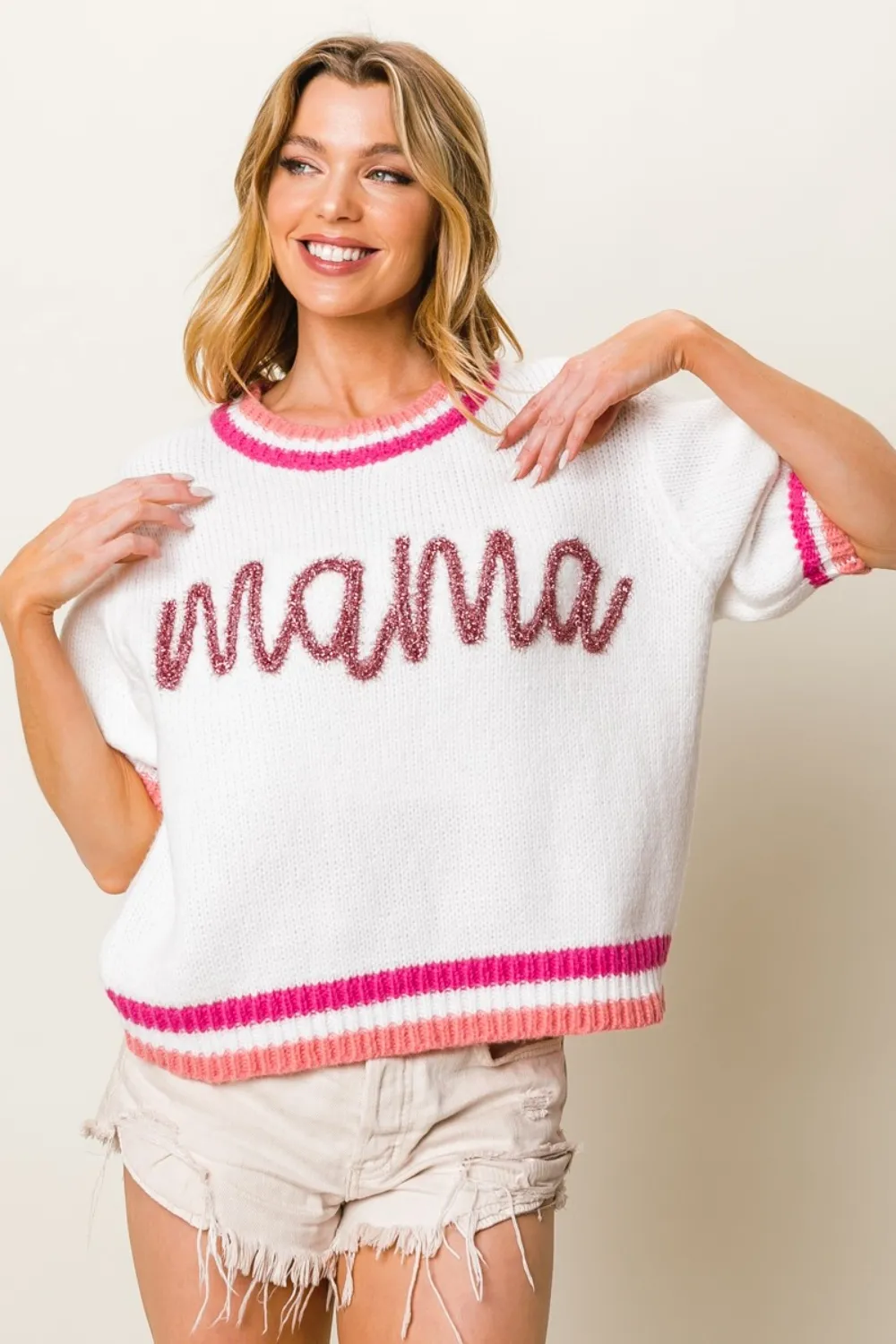 Bibi Mama Contrast Trim Short Sleeve Sweater