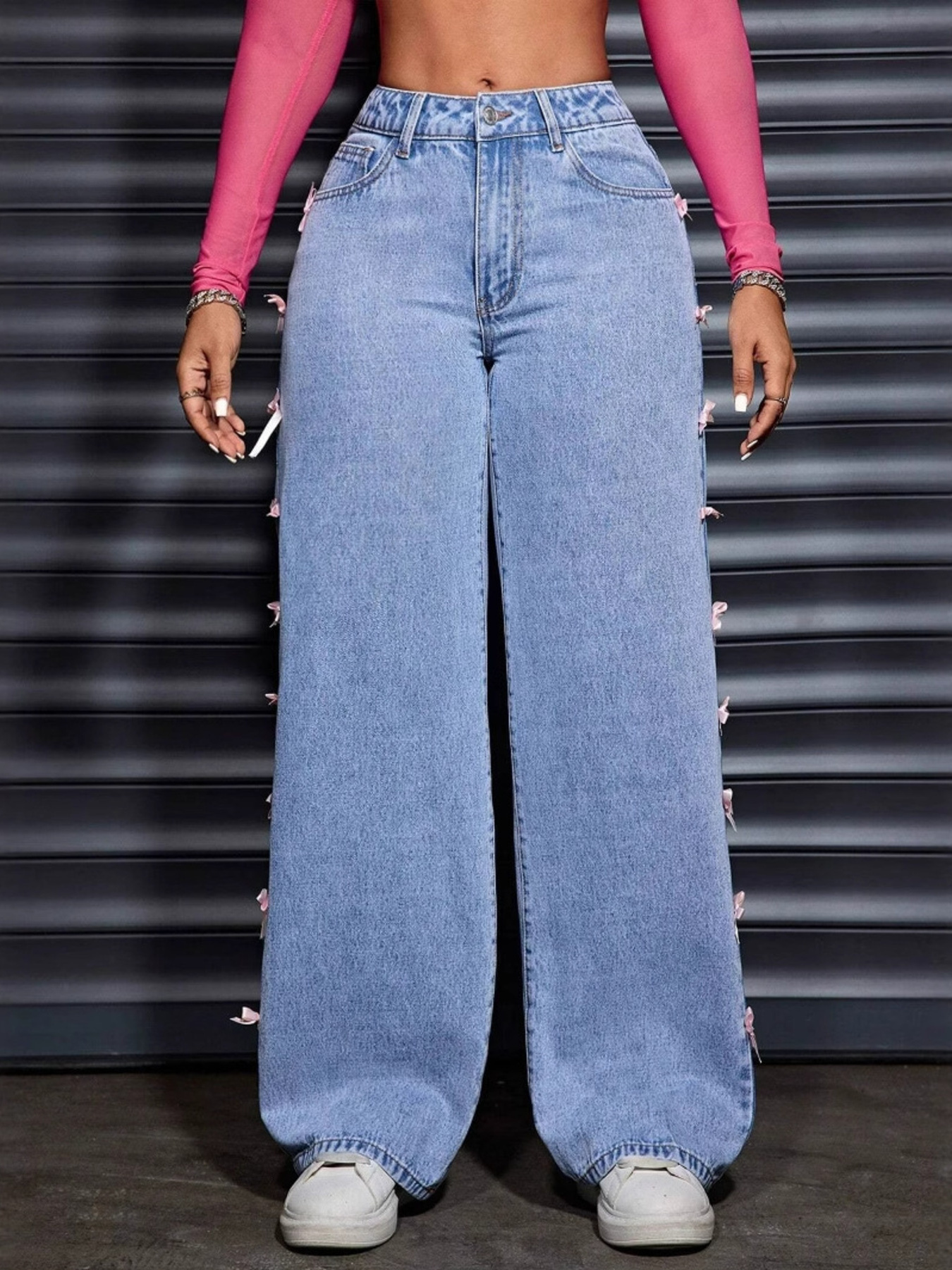 Wide Leg Jeans With Bow Decor