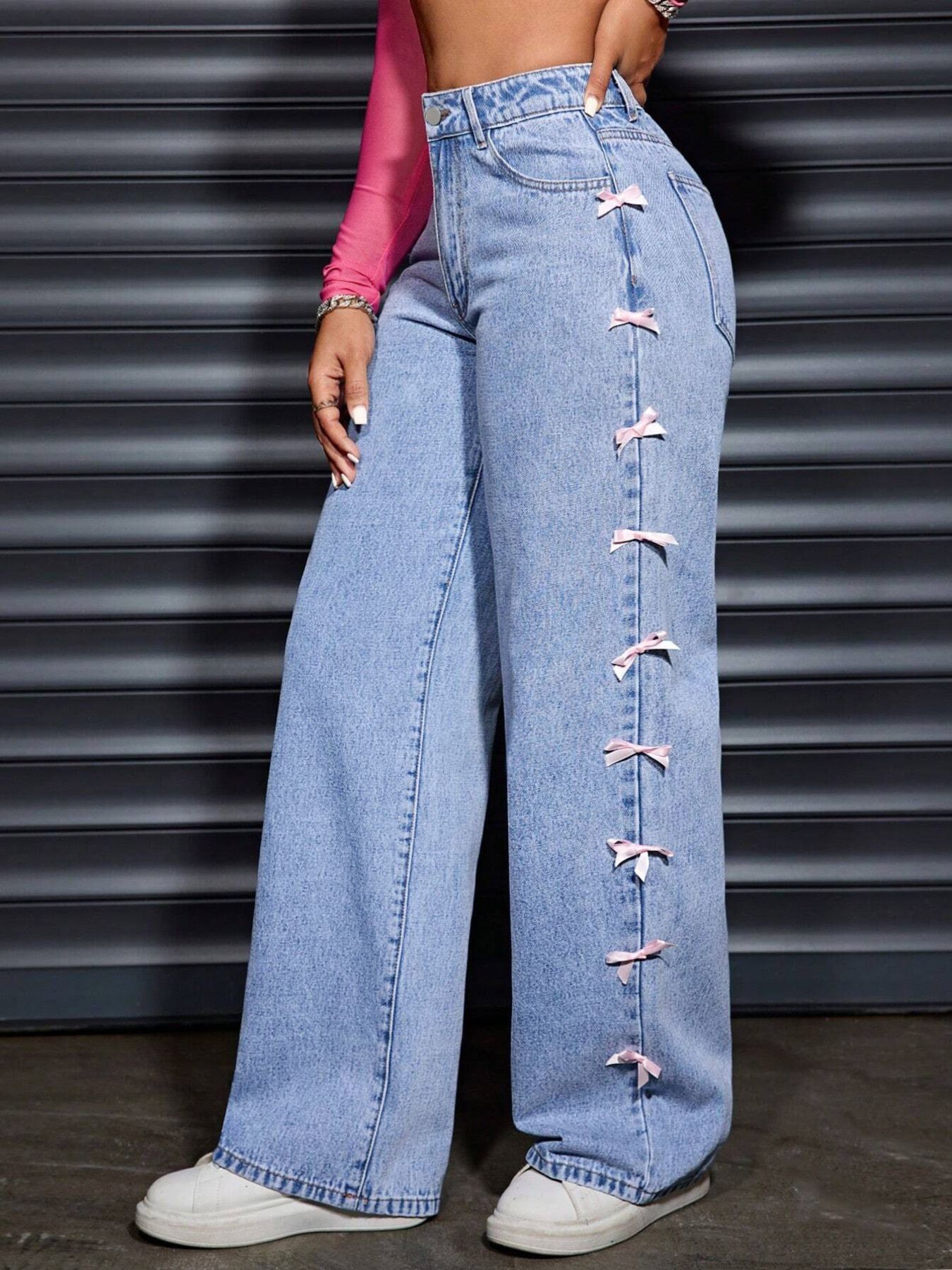 Wide Leg Jeans With Bow Decor secondary
