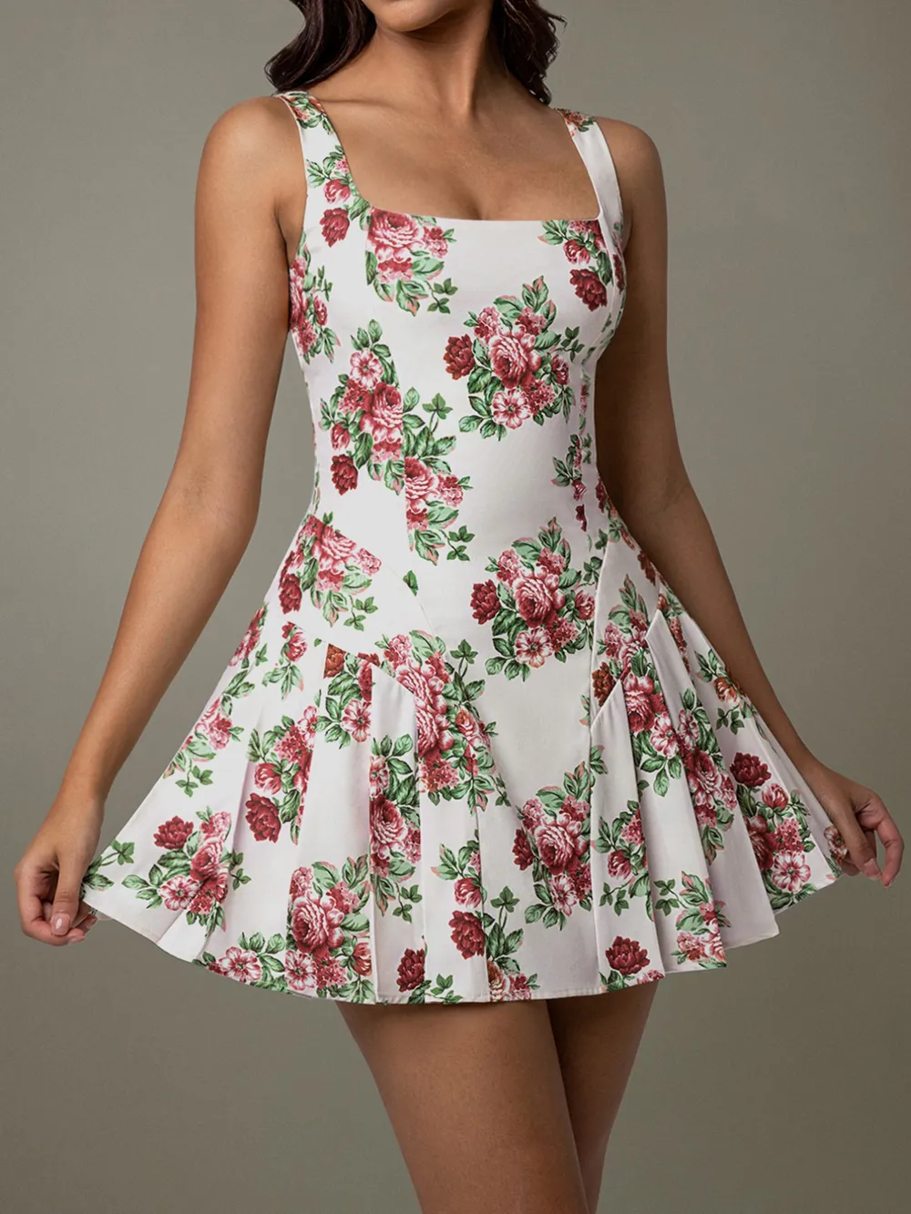 Pleated Floral Print Square Neck Mini Dress