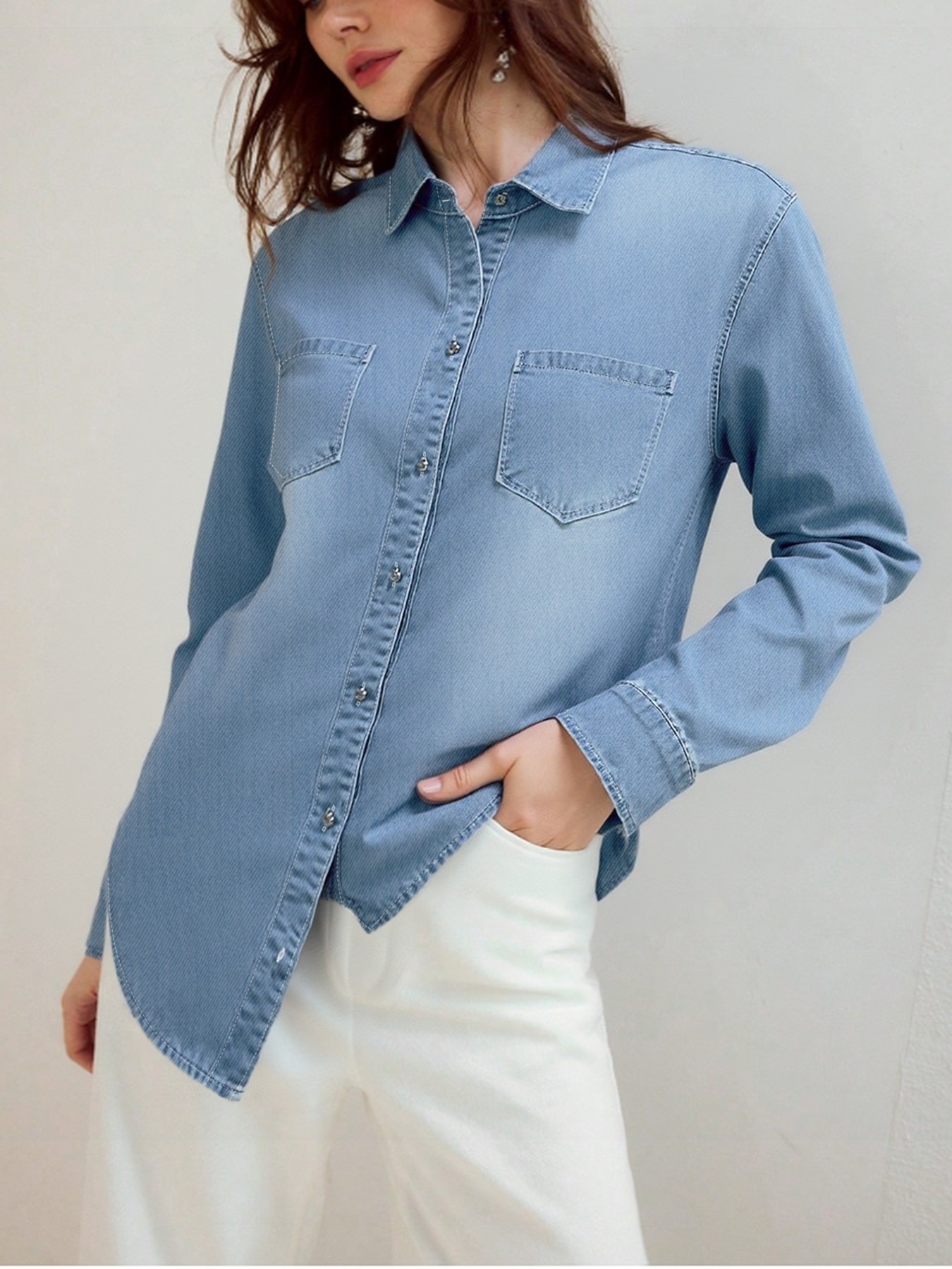 Full Size Button-Up Long Sleeve Denim Shirt Plus Size