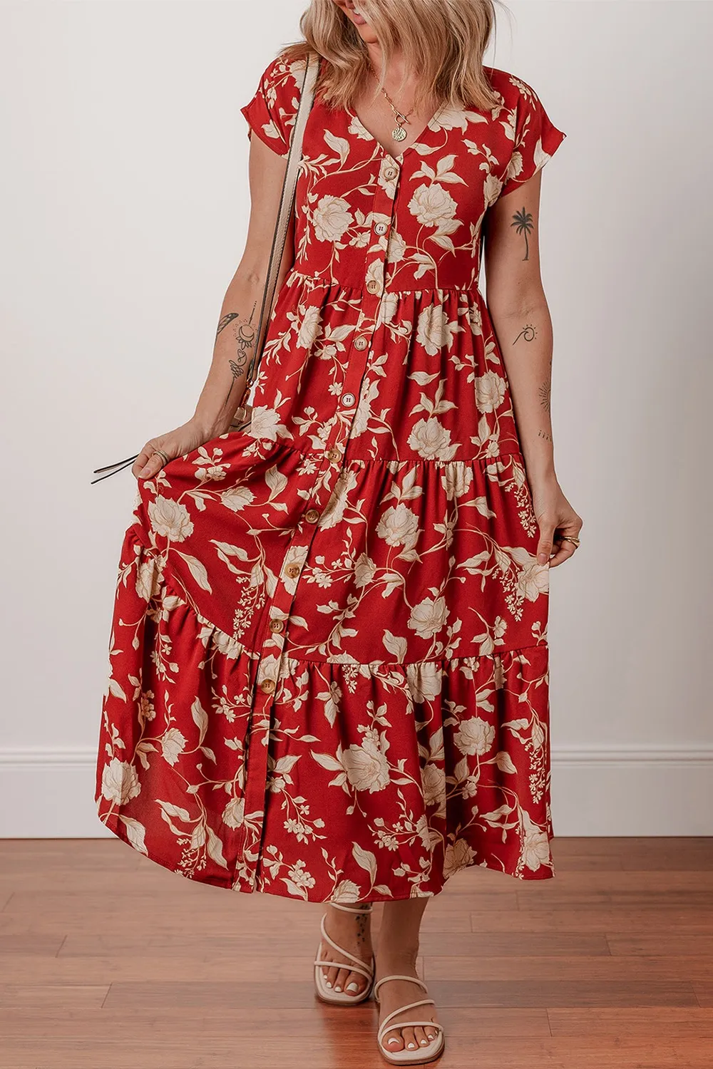 Floral Print Buttoned Front V Neck Tiered Short Sleeve Midi Dress