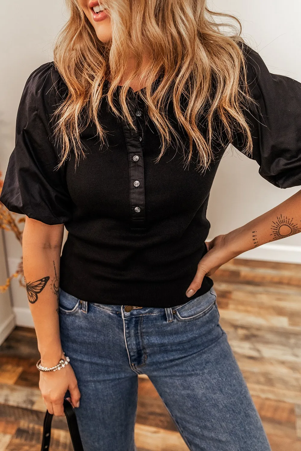 Ribbed Patchwork Puff Sleeve Half Button Placket Slim Fit Top