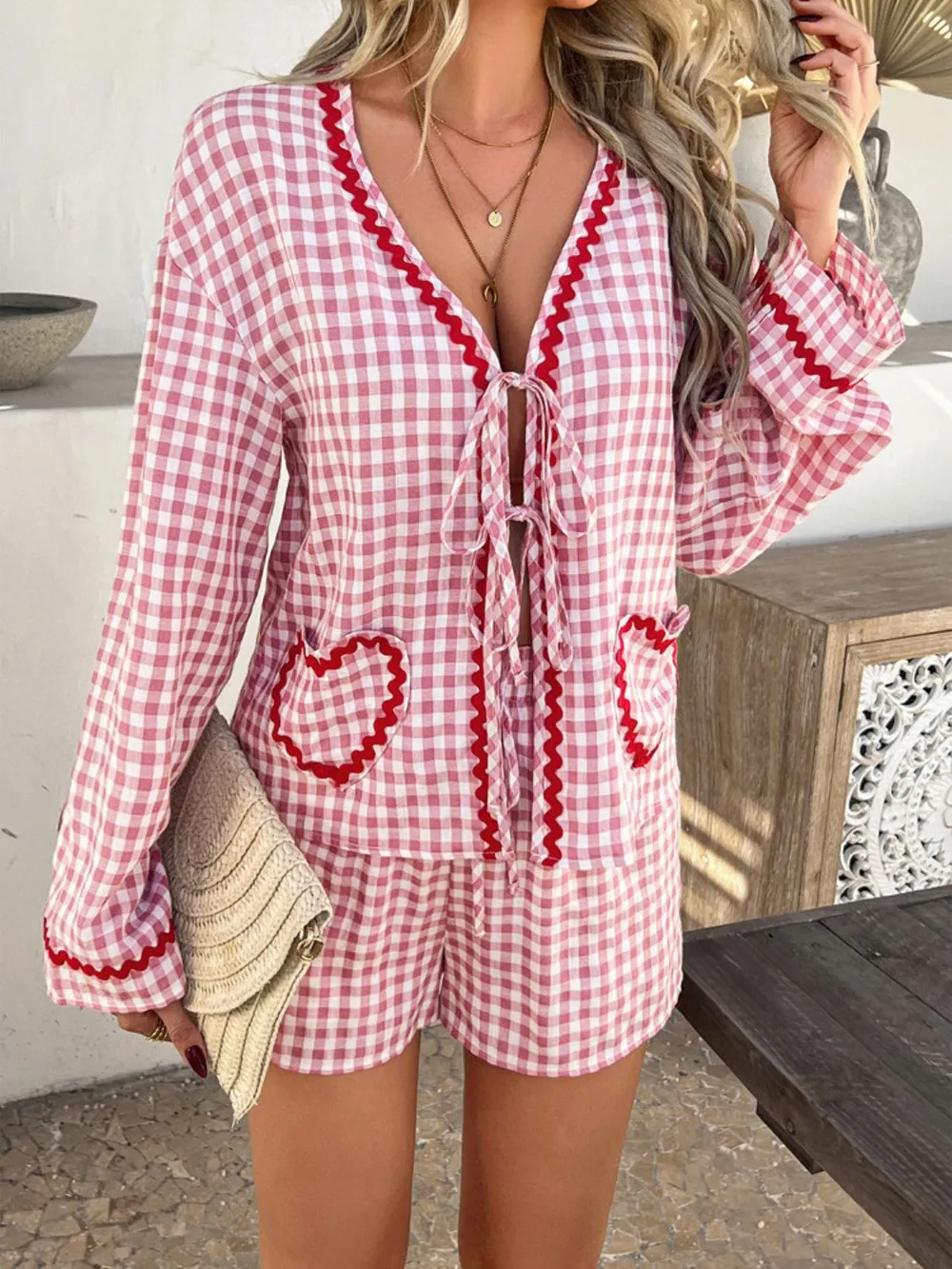 Devine Tie Front Contrast Plaid Shirt and Shorts Set