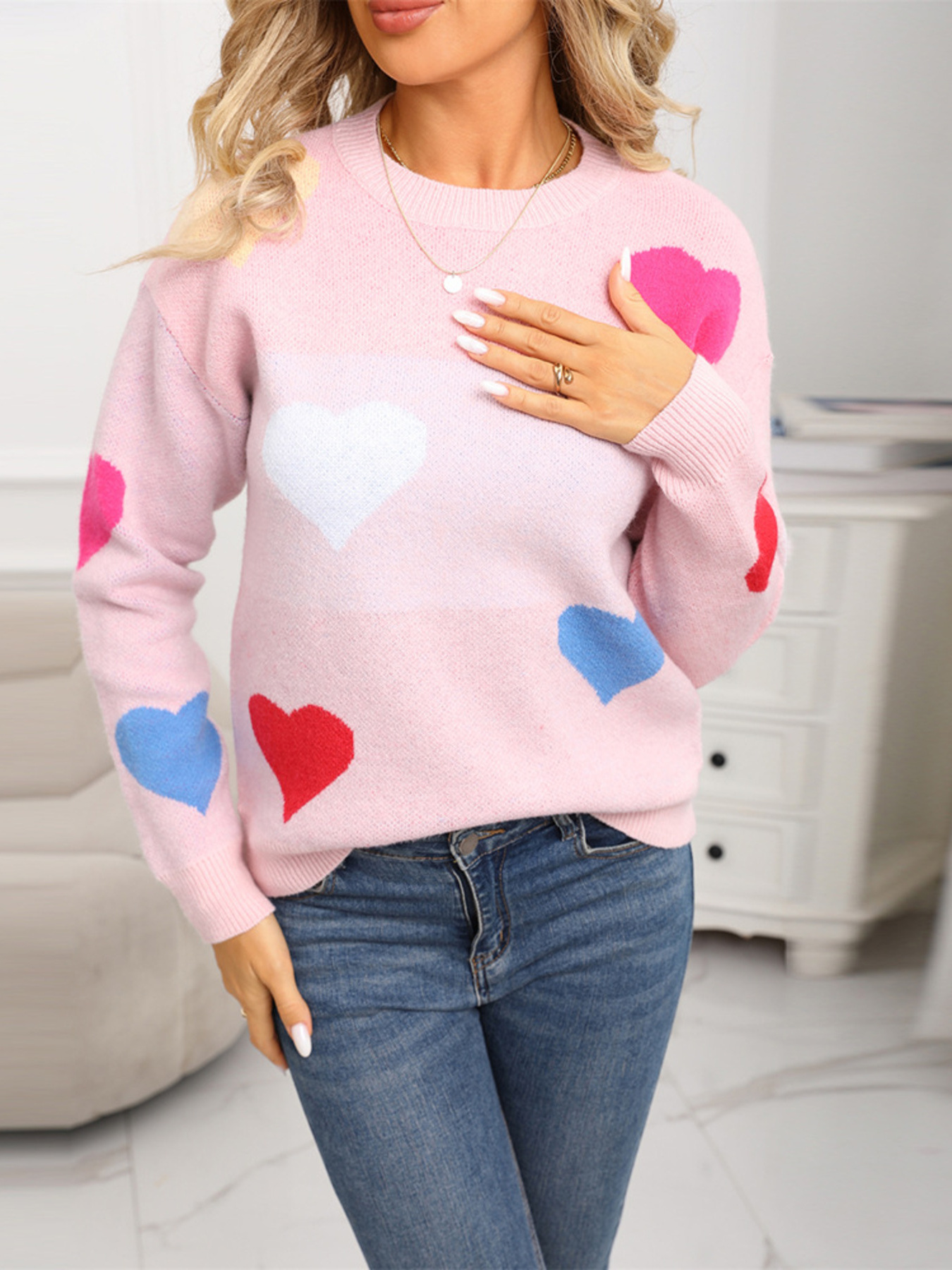 Valentine's Day Heart Round Neck Dropped Shoulder Sweater