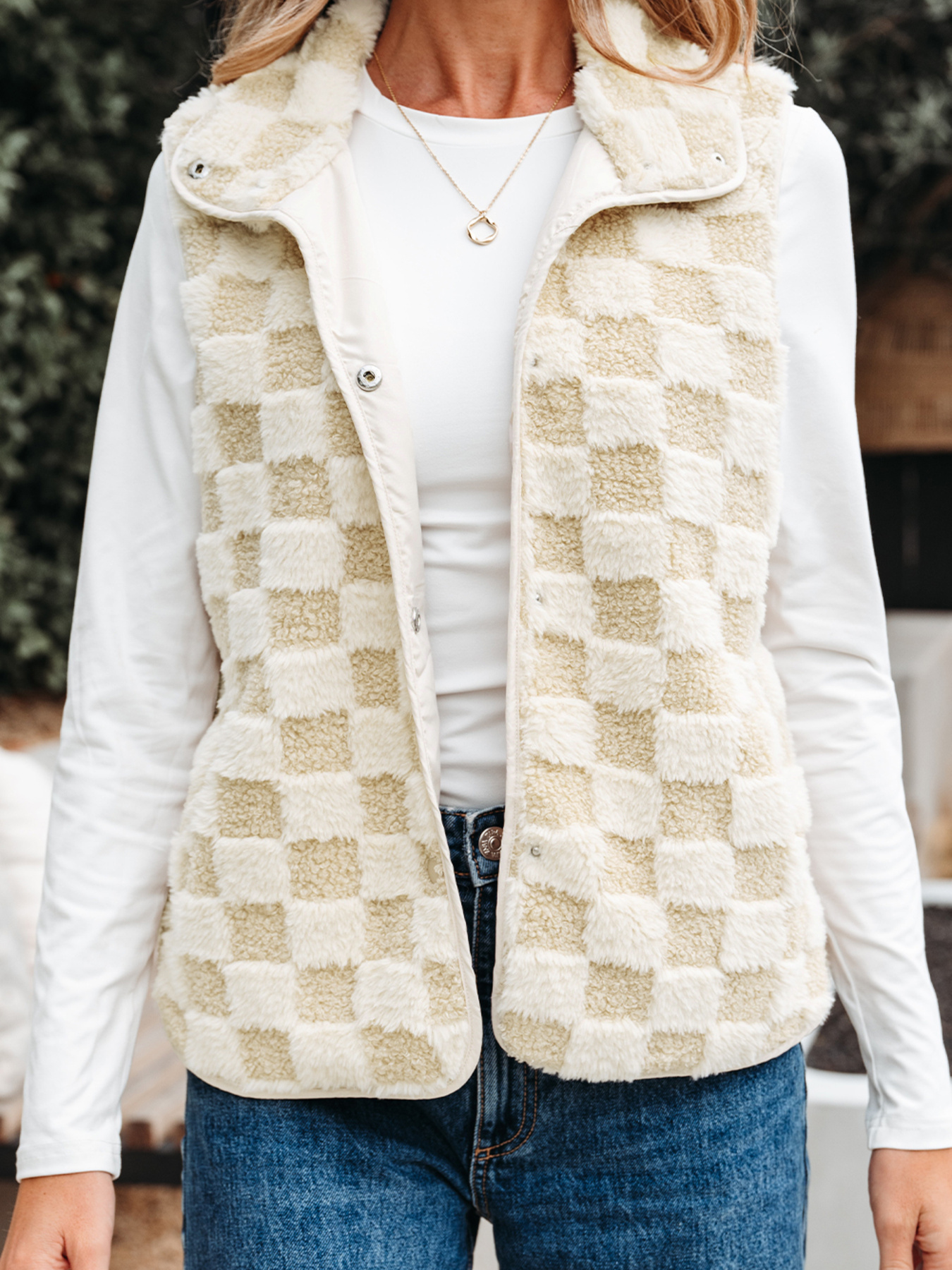 Sherpa Checkerboard Snap Button Vest Coat with Pocket