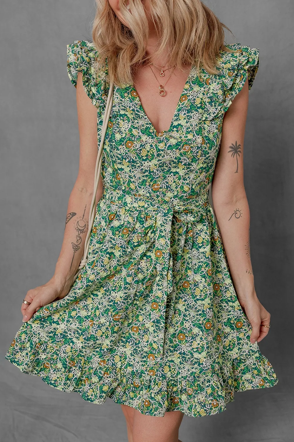 Floral Flutter Sleeve V-Neck Sashed Ruffled Mini Dress