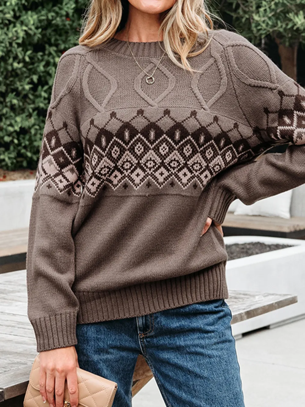 Geometric Round Neck Long Sleeve Sweater
