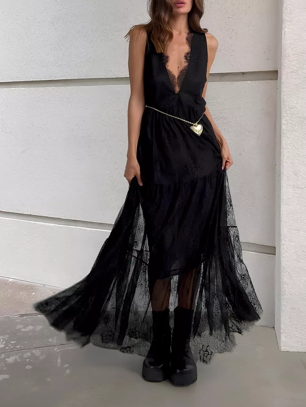 Lace Deep V-Neck Maxi Dress