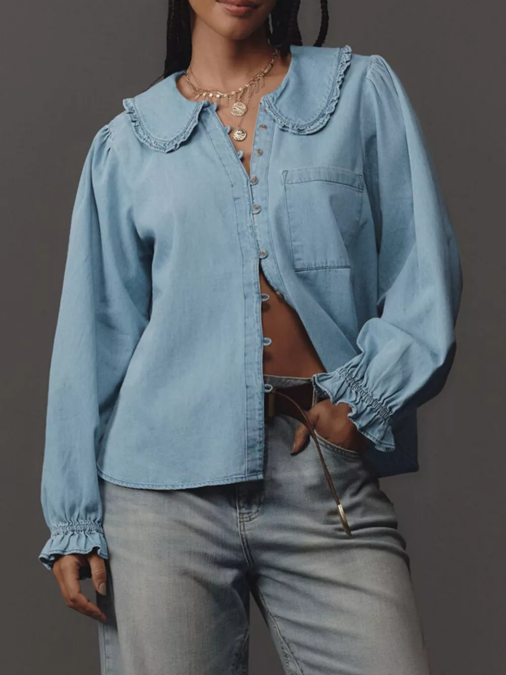 Peter Pan Collar Ruffled Denim Shirt