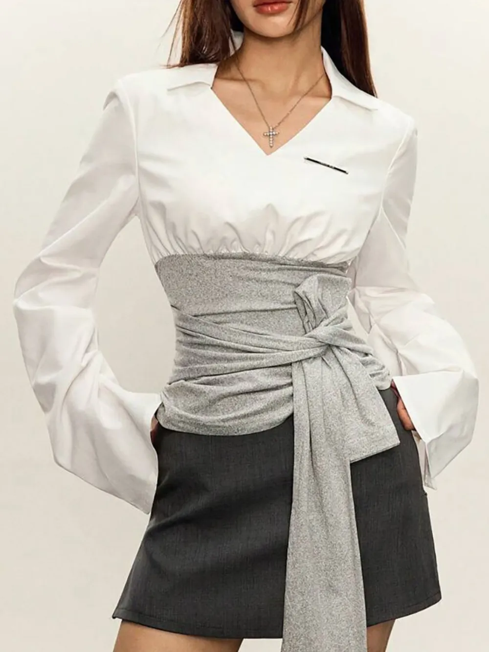 Long Sleeve Tie Front Blouse