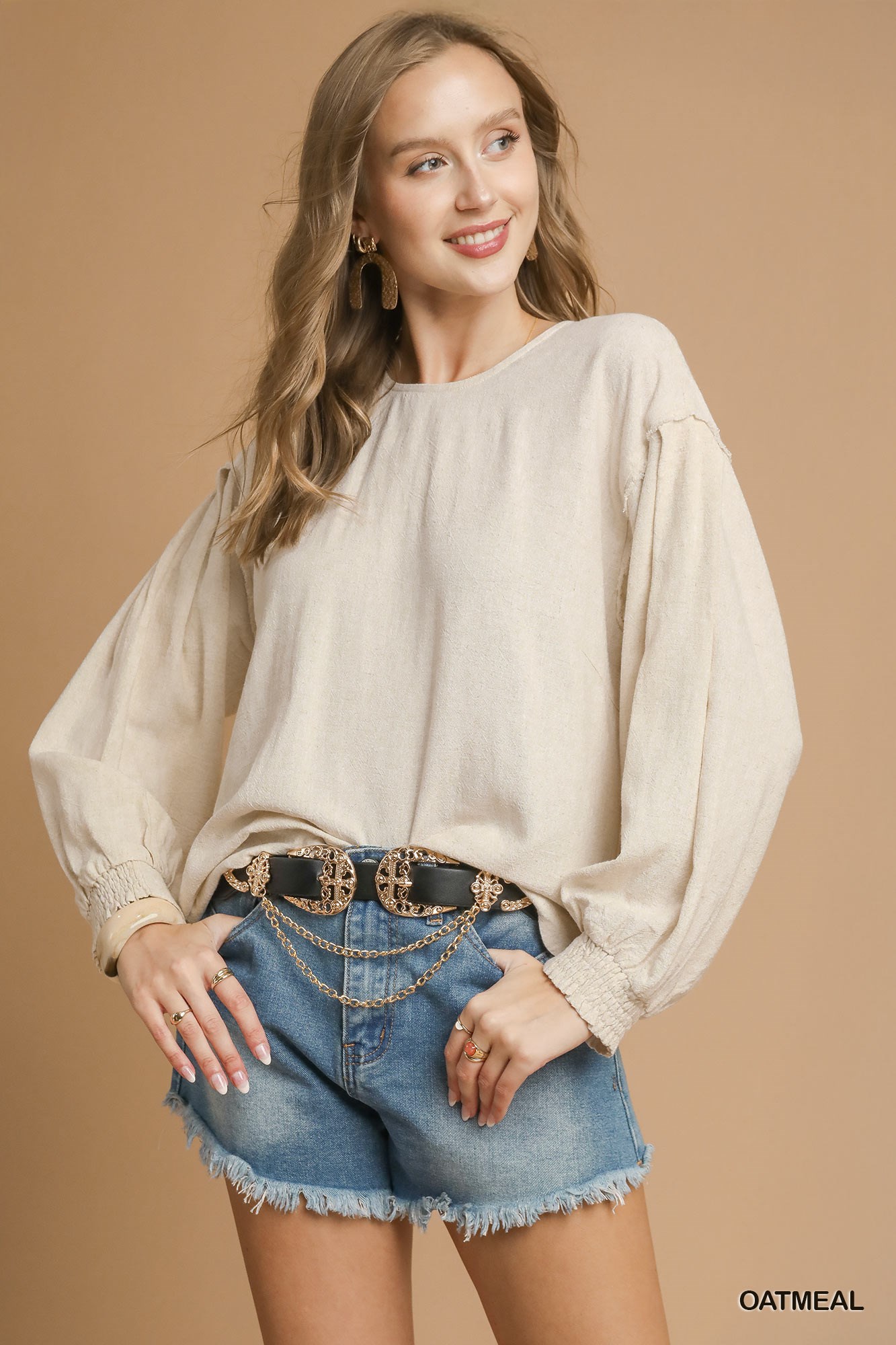 Umgee Linen Scallop Hem Long Sleeve Blouse