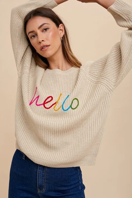 Annie Wear Hello Embroidered Raglan Sleeve Sweater
