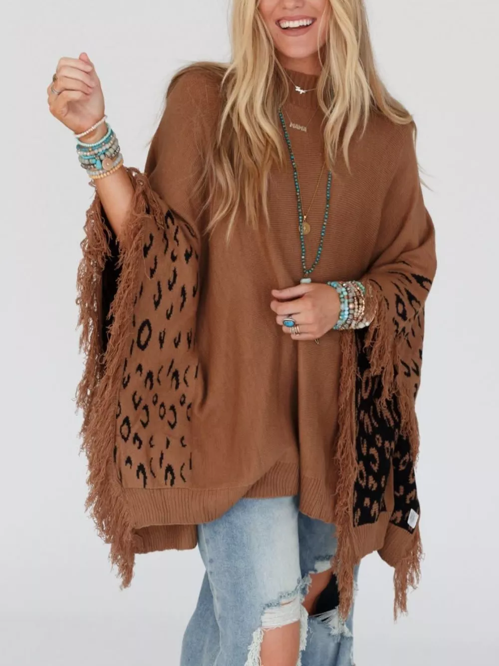 Fringe Leopard Mock Neck Batwing Sleeve Knit Top