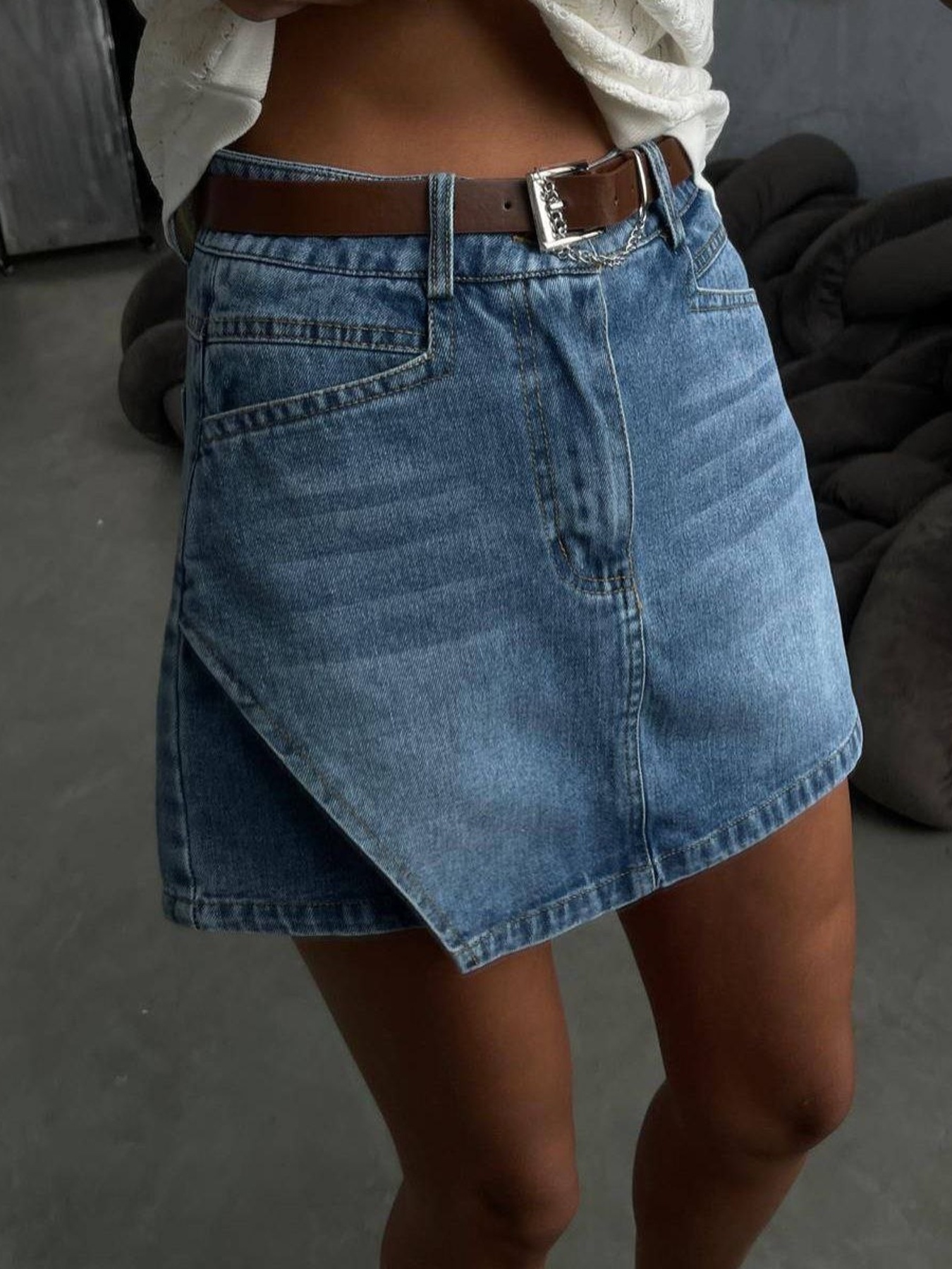 Asymmetric Hem High-Waisted Denim Mini Shorts