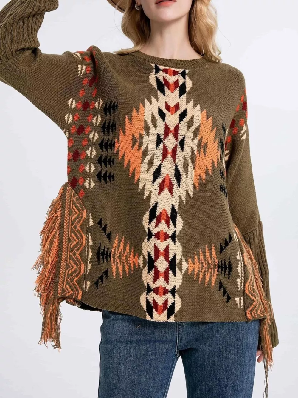 Geometric Pattern Fringe Sweater