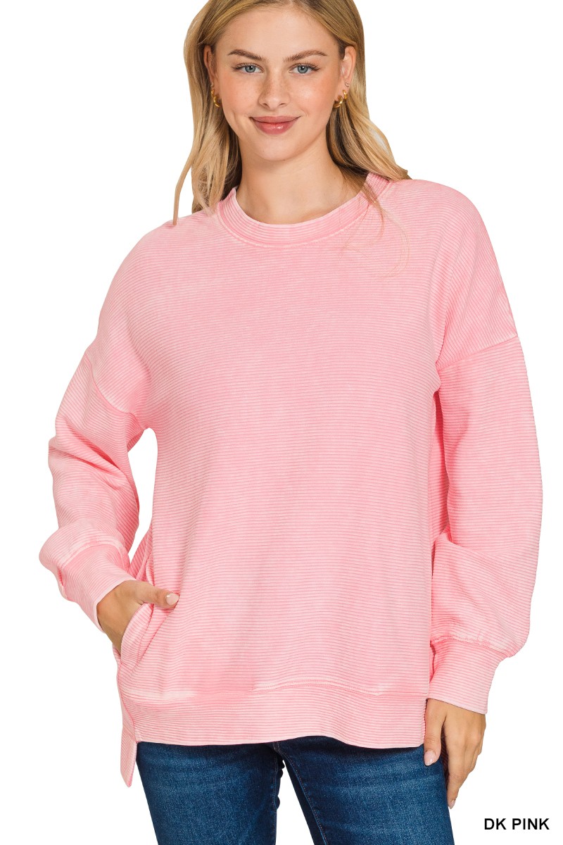 Zenana Full Size Acid Washed Double Ribbed Hi-low Sweatshirt Plus Size