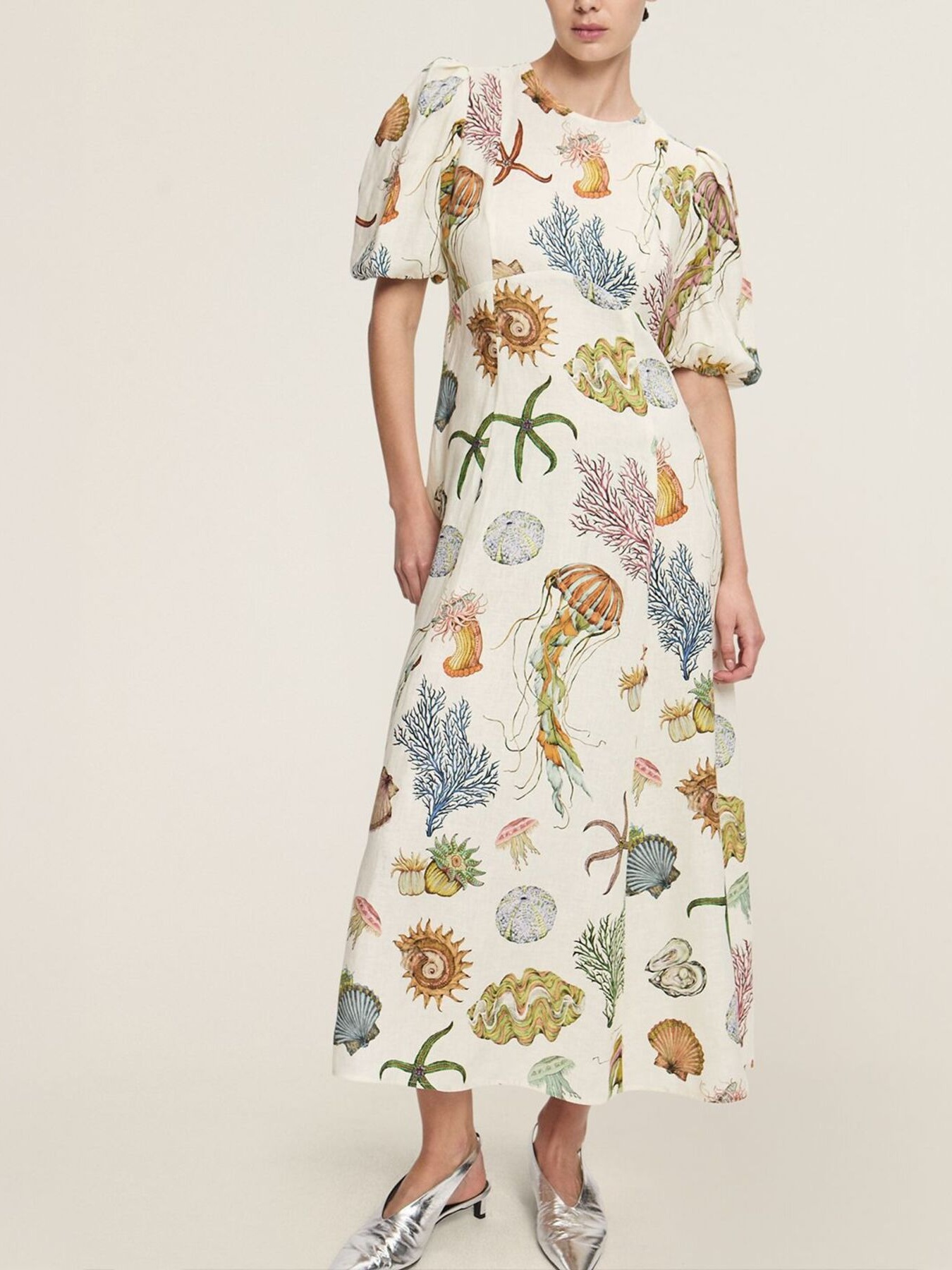 Printed Round Neck Puff Sleeve Dress
