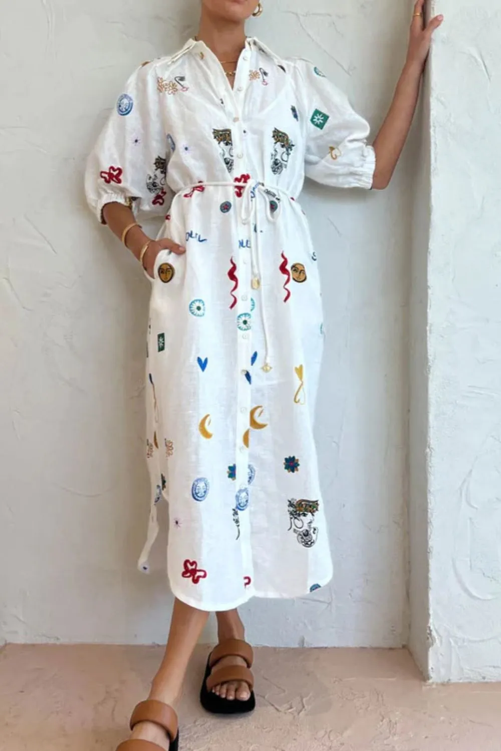 Printed Button-Up Midi Shirt Dress