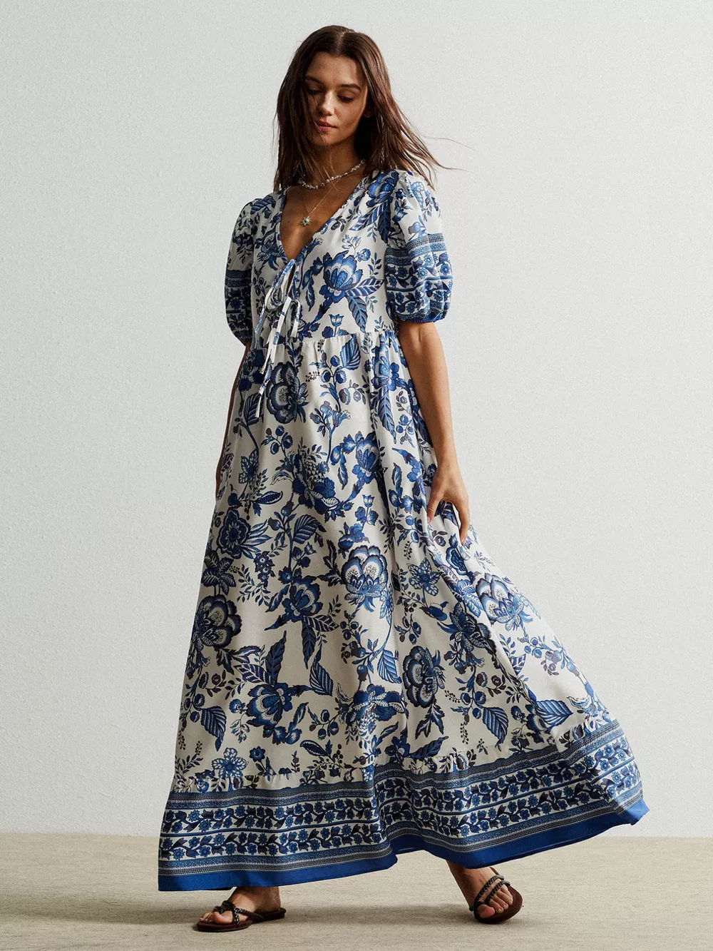Floral Print Tie-Neck Puff Sleeve Maxi Dress