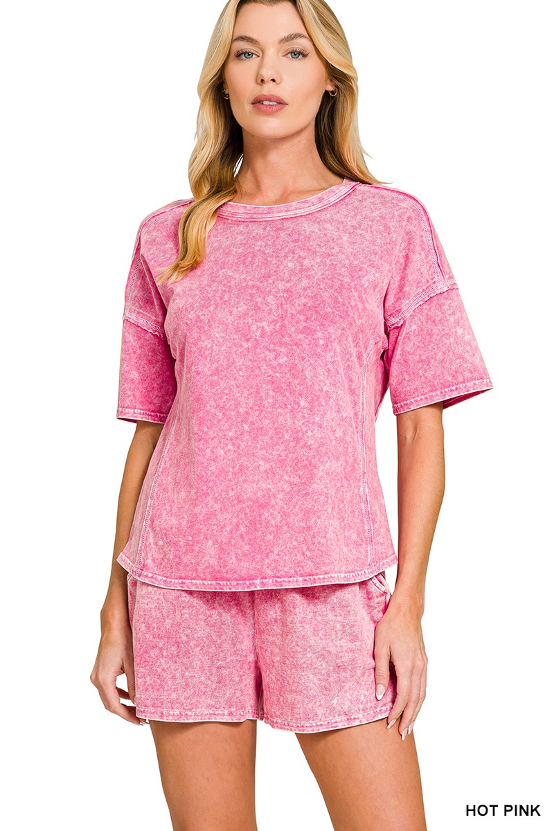 Zenana Halo Snow Washed Short Sleeve Tee and Shorts Set
