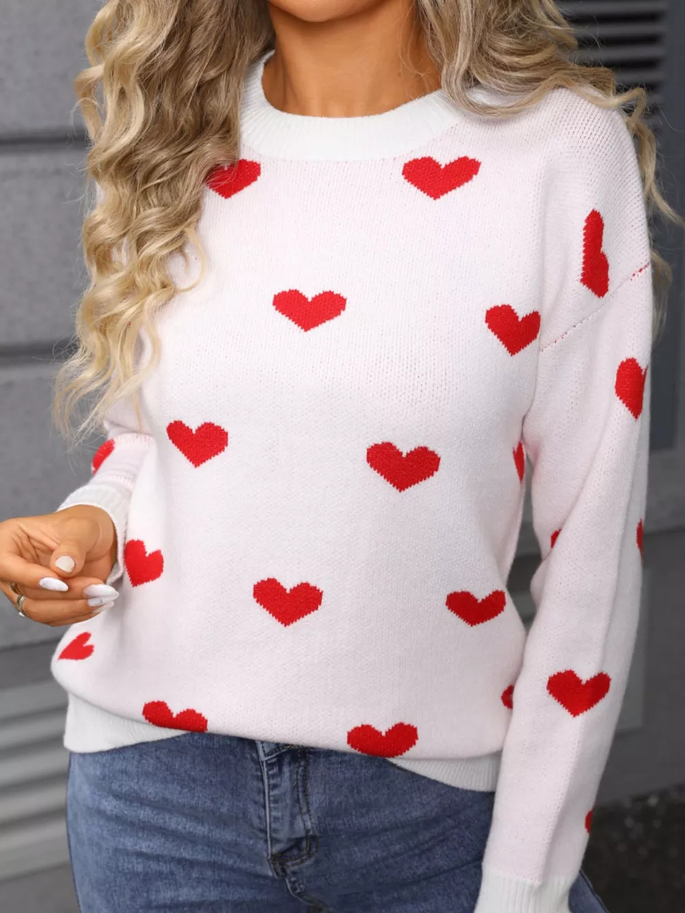 Valentine's Day Heart Pattern Dropped Shoulder Sweater