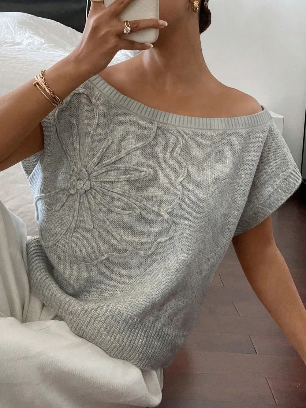 Ribbed Hem Boat Neck Sweater