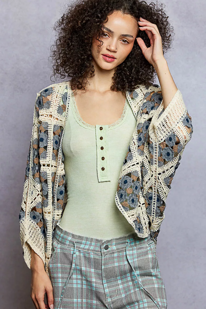 POL Open Front Floral Crochet Cardigan