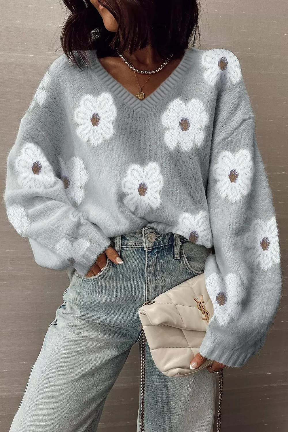 Floral Fuzzy Knit V-Neck Sweater
