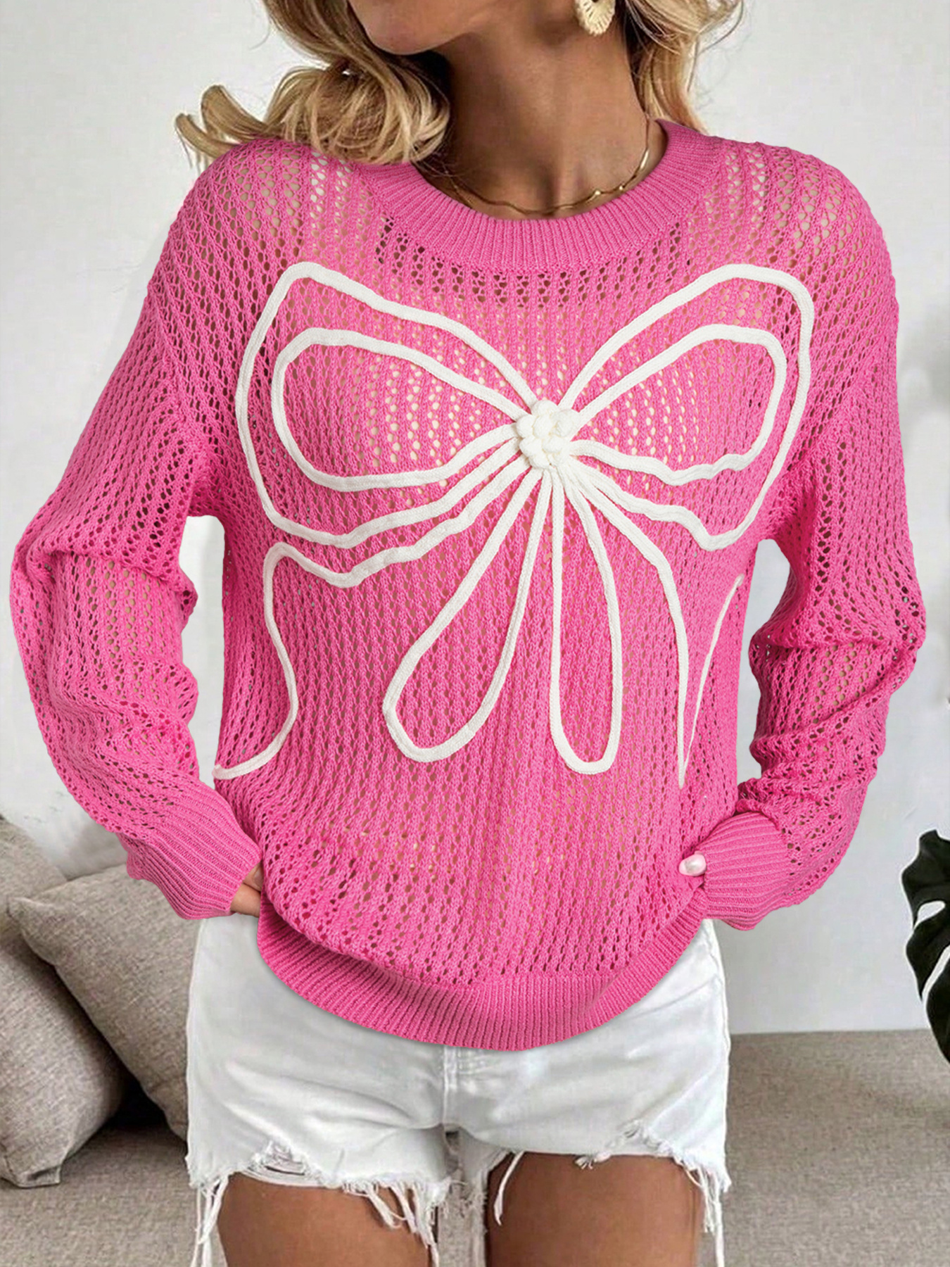 Bow Decor Hollow Out Knitted Drop Shoulder Sweater