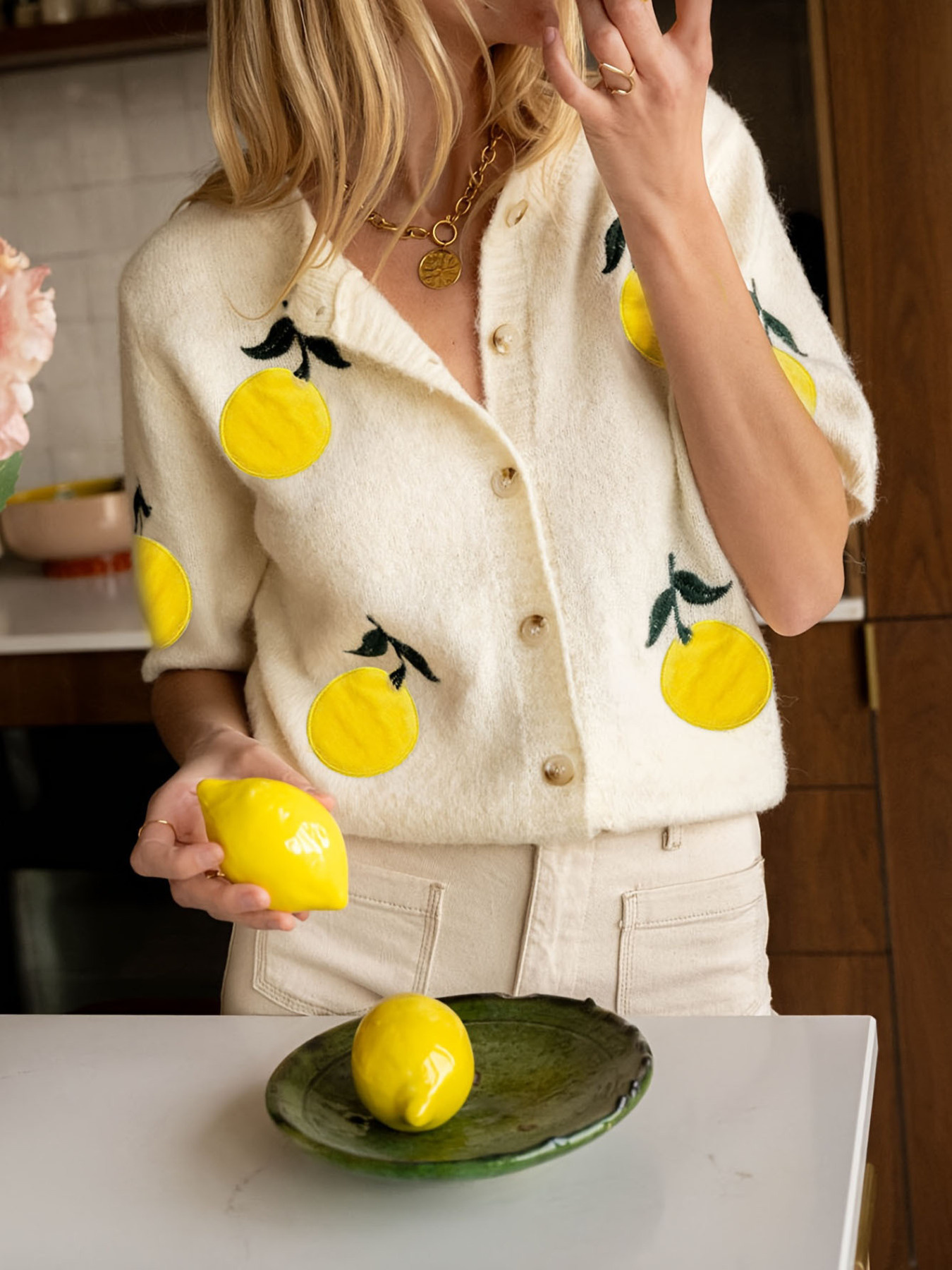 Lemon Button-Up Short Sleeve Cardigan