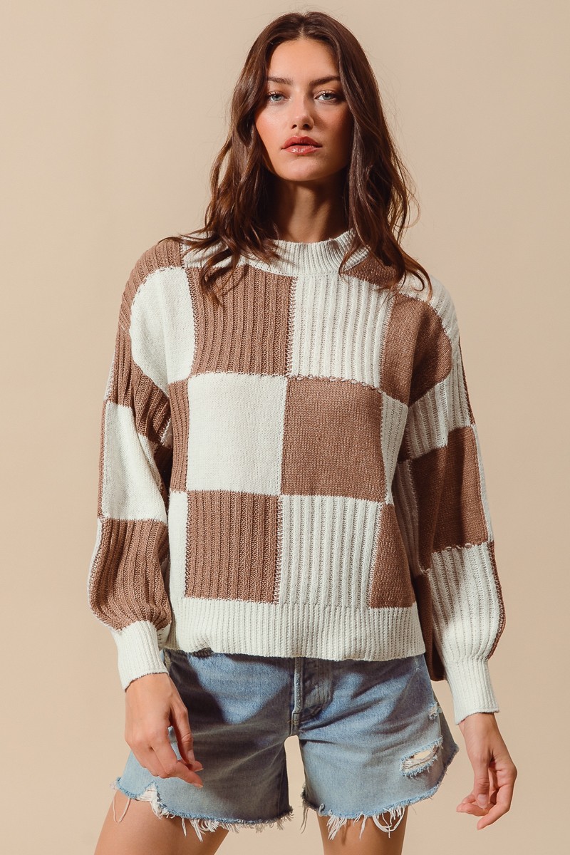 So Me Ribbed Color Block Checkered Plaid Sweater