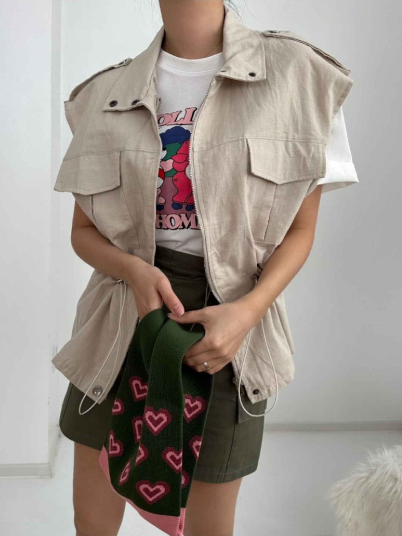Drawstring Zip Up Vest Coat