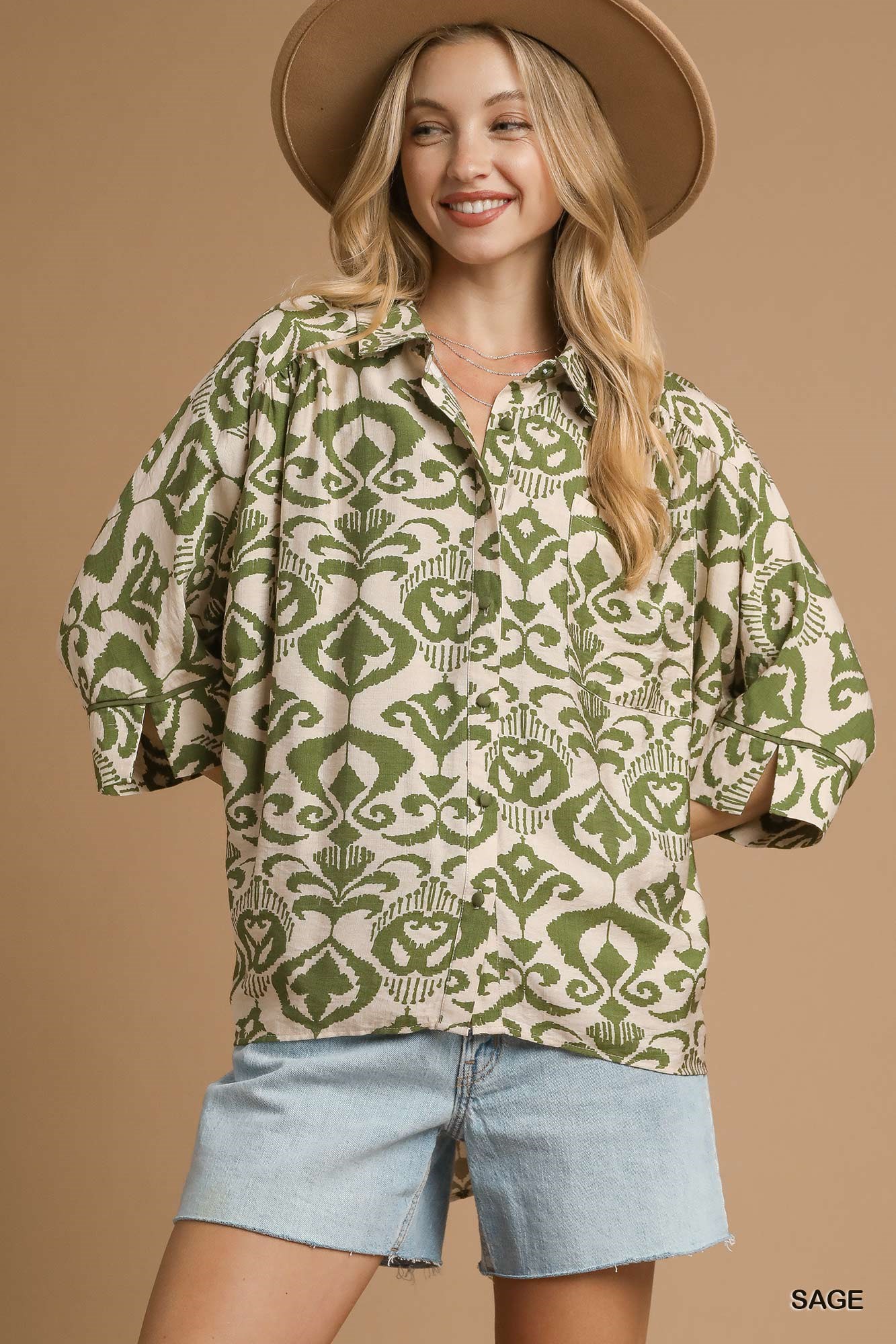 Umgee Abstract Print Button-Up Oversized Shirt