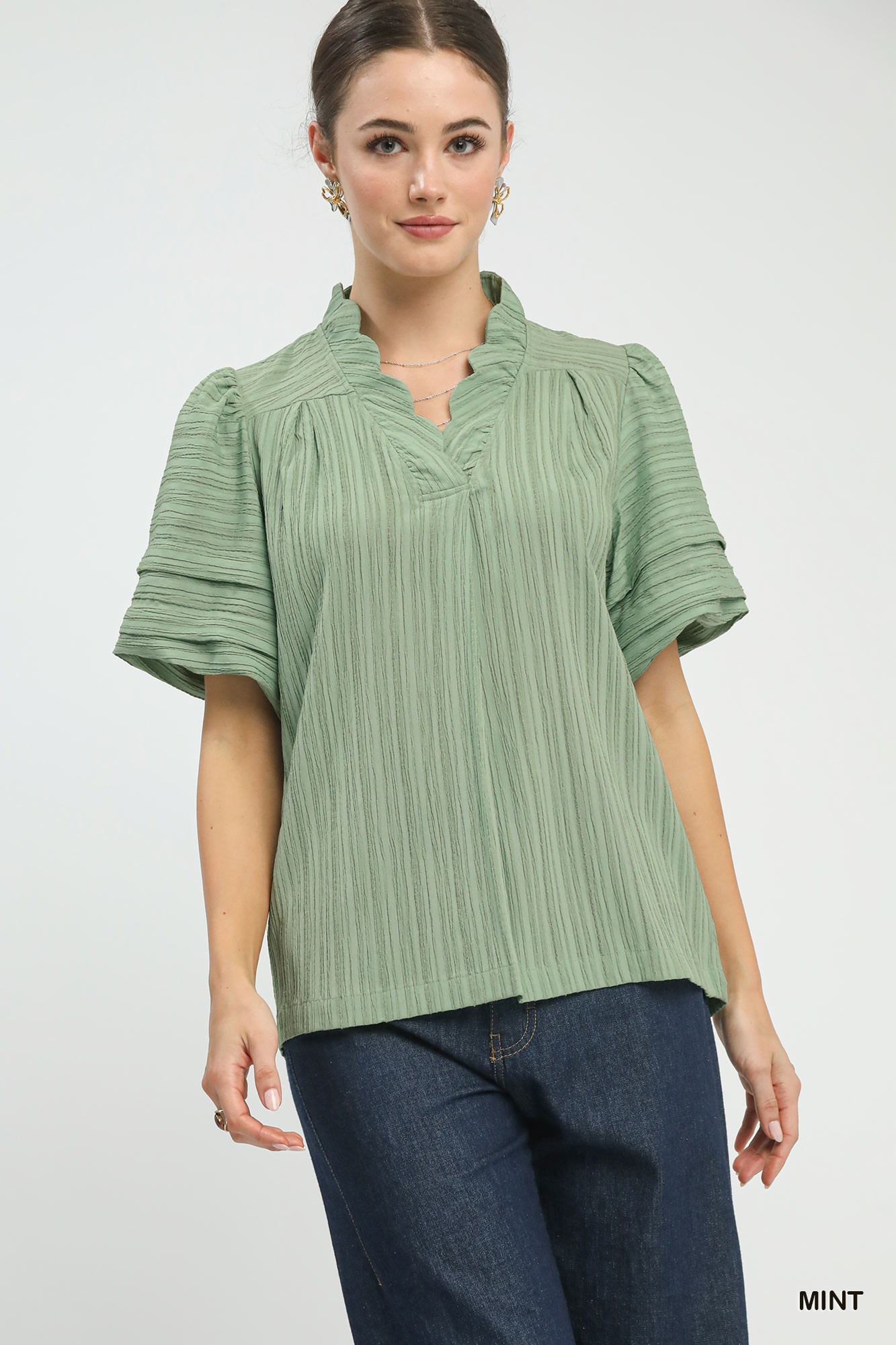 Umgee Seersucker Bubble Sleeve V-Neck Blouse
