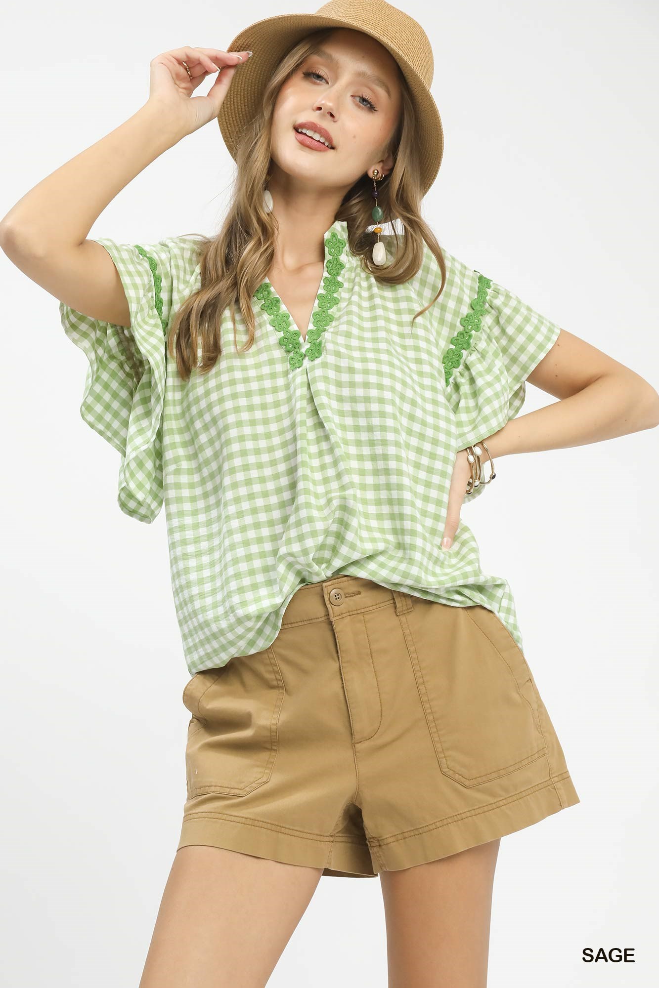 Umgee Gingham Lace Trim Top