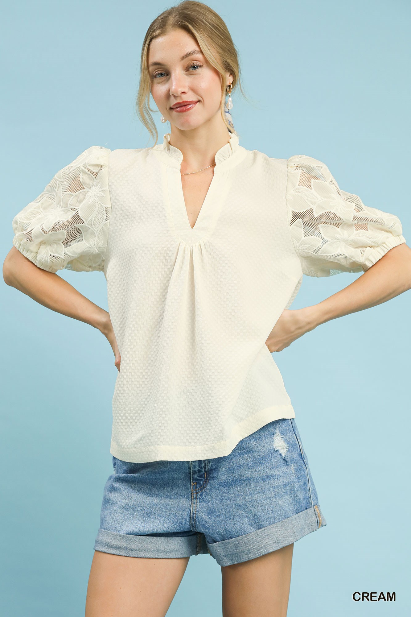 Umgee Textured Blouse With Lace Contrast Sleeves