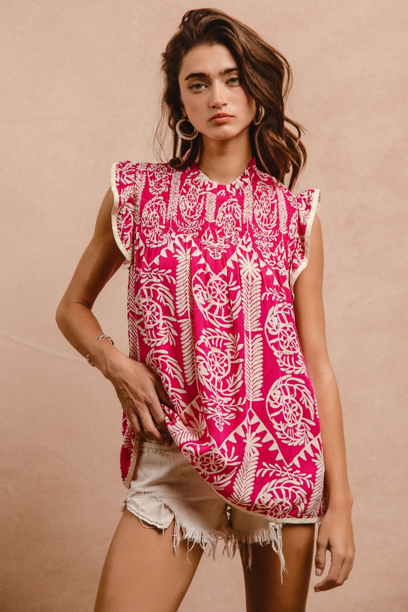 BiBi Printed Ruffle Sleeve Top