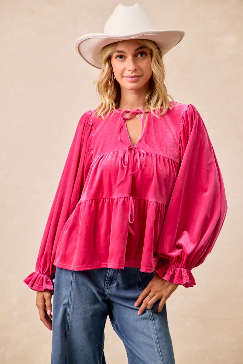 Bibi Christmas Theme Velvet Bow Tied Blouse