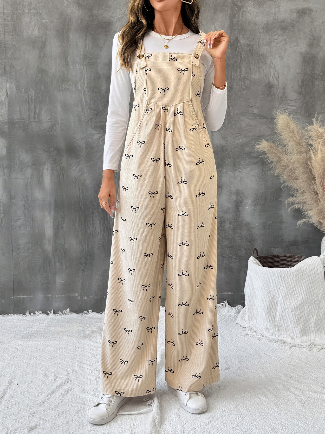 Bow Wide Leg Corduroy Overalls